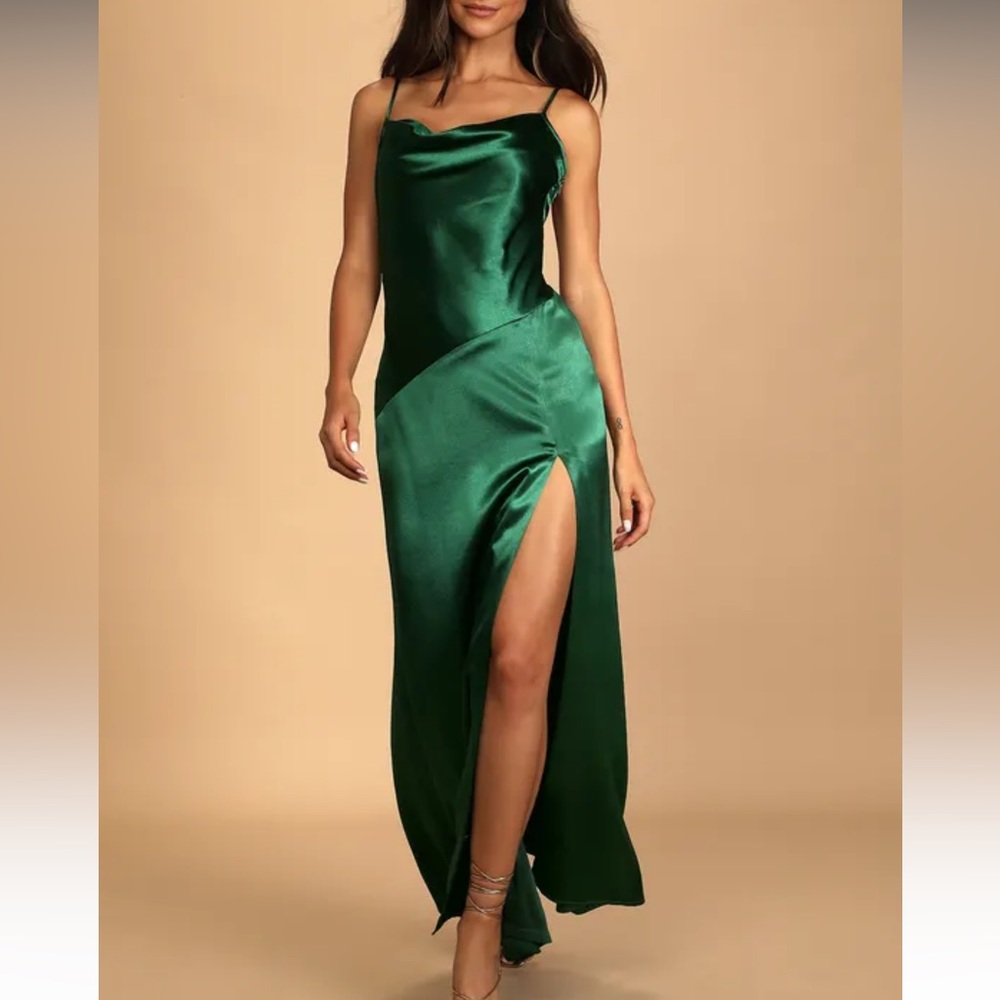 Lulus NWT Caroline Emerald Green Satin Cowl Neck Maxi Dress